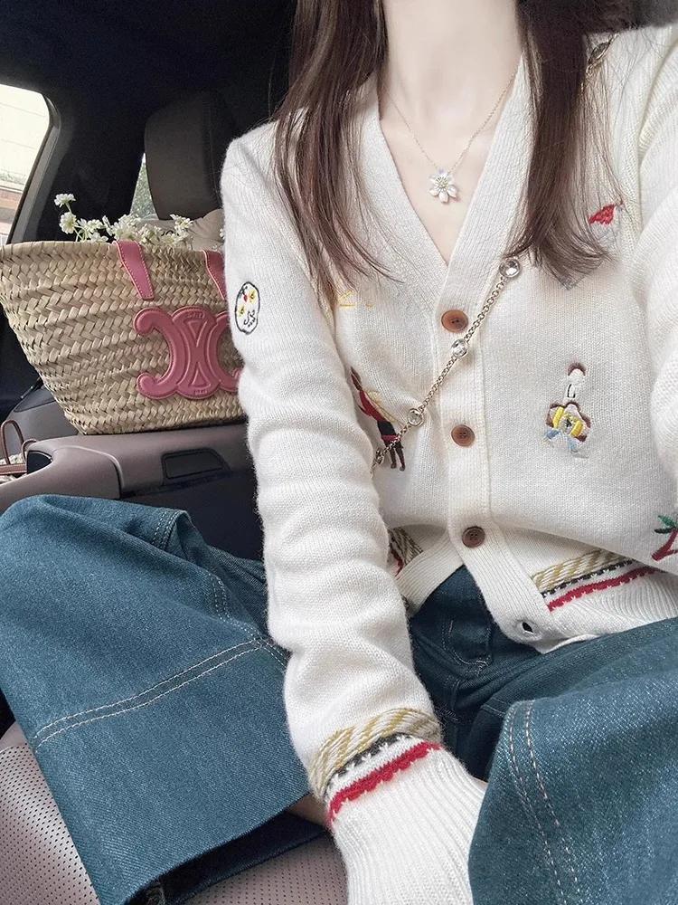 French sle Contrast Color Heavy Industry Embroidery V-neck Knit cardigan Women Autumn New Soft Glutinous Casual Gentle Wind...