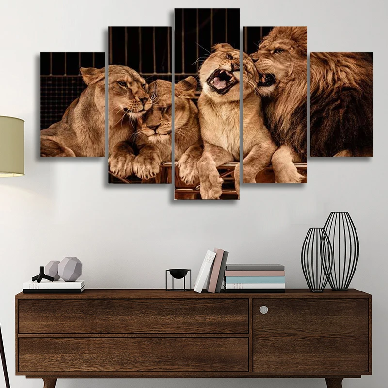 

5 Panels Canvas Painting Modular Wall Art Animals Lion Family Pictures HD Printed Poster Decor For Home Living Room Modern Frame
