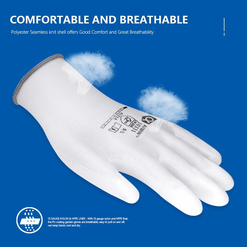 

Garden Work Gloves Security Protection Gloves ECO White Polyester PU Glove For Industrial Gardening Automotive Transportation