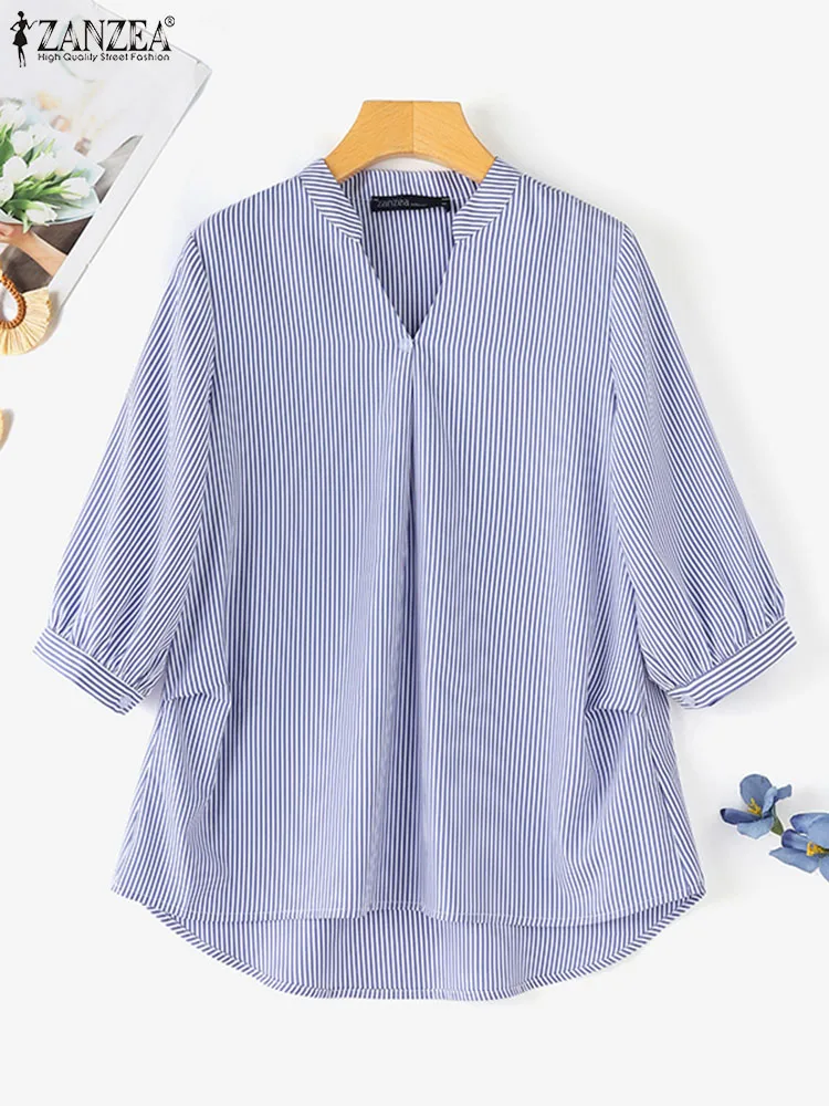 Летняя полосатая рубашка ZANZEA с V-образным вырезом и рукавом до локтя модная