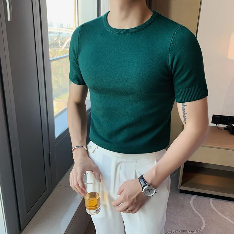 

2024 New Style Male Spring High Quality Shirt With A round Neck/Men's Slim Fit Casual Short Sleeve Knit Sweater S-4XL