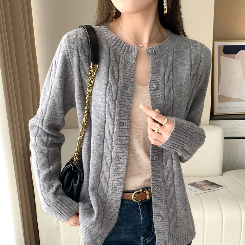 

Seven-Needle Thick Round Neck Cardigan Solid Color Knitted Sweater In Autumn and Winter Women's Sweater Loose Slim Coat