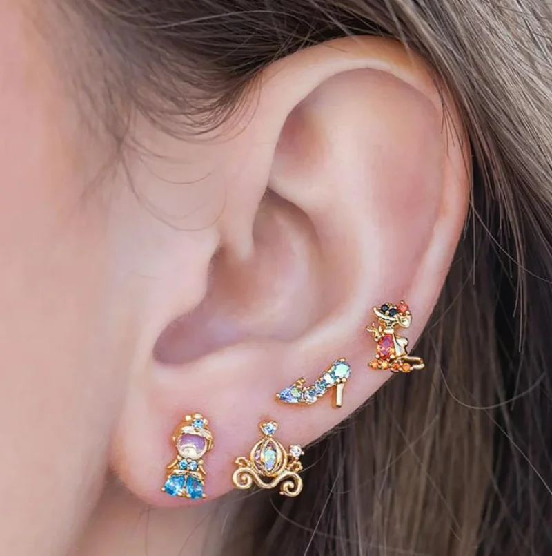 4PCS/Set Disney Princess Earrings 925 Silver Needle Fashion Jewelry Colorful Zircon Stud Earring Cute Sweet Wedding Jewelry Gift