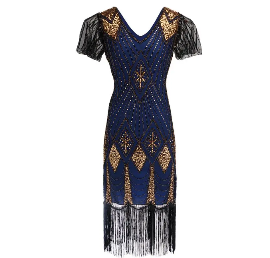 

Short Sleeve 1920S Noble Golden Patched Flapper Dress V neck Fringe Midi Party Costume Great Gatsby Women Bodycon Vestido Robe