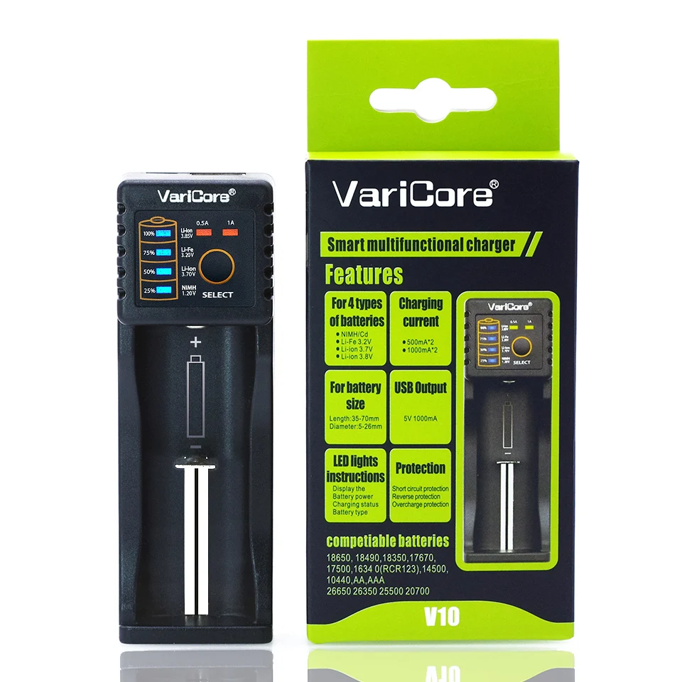 

2023 VariCore V10 LCD 1.2 V / 3V / 3.7V / 4.25 V18650/26650/18350/16340/18500/ AA AAA NiMH lithium Battery Charger