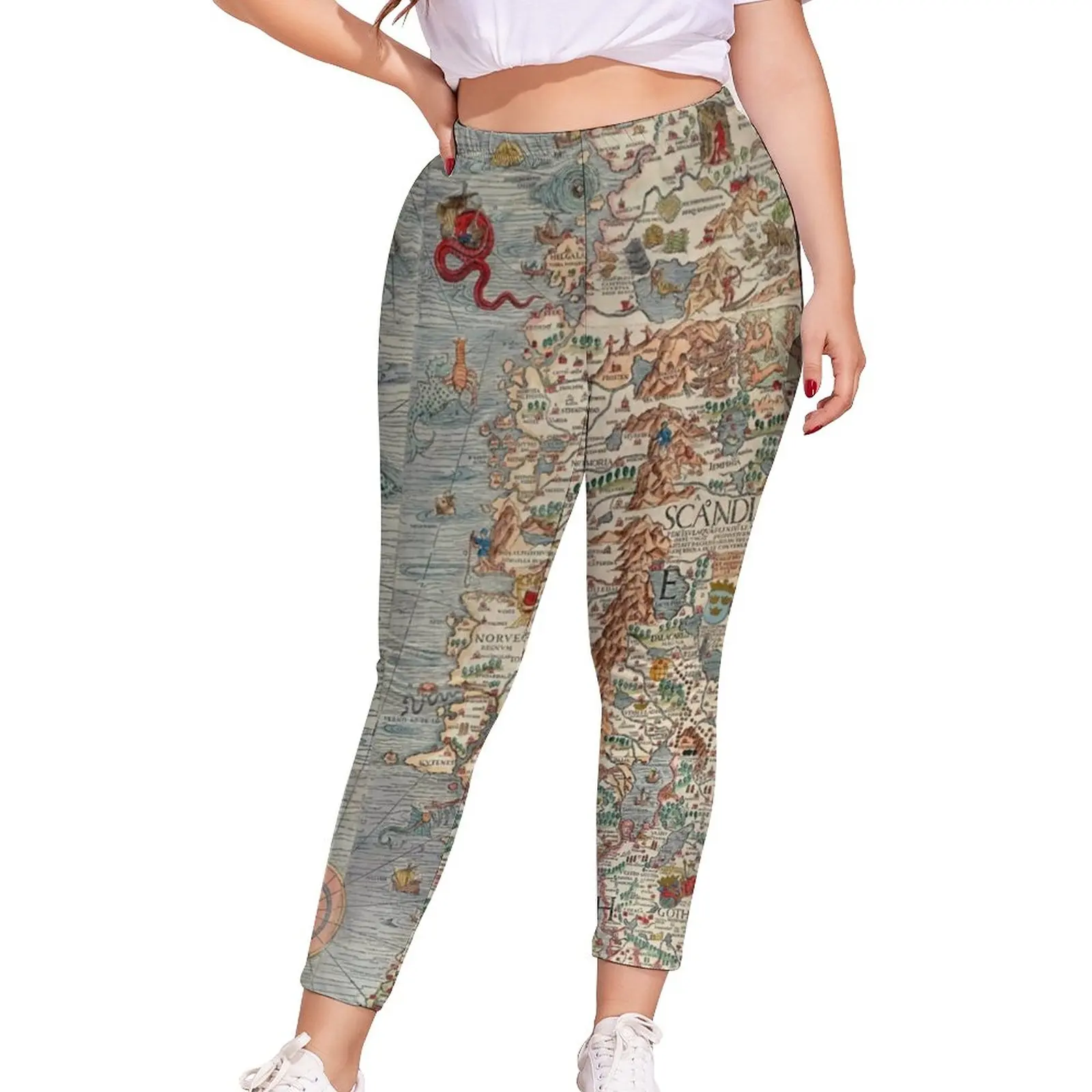 

Vintage Old World Map Leggings Iceland Print Vintage Leggins Women Bike Stretchy Graphic Pants Big Size 5XL