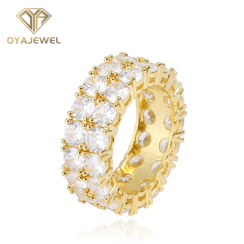 

2 Row Solitaire Couples Rings Paved Iced Out Cubic Zircon Band Hollow Hip Hop Fashion Brass Finger Jewelry Wedding Party Gifts