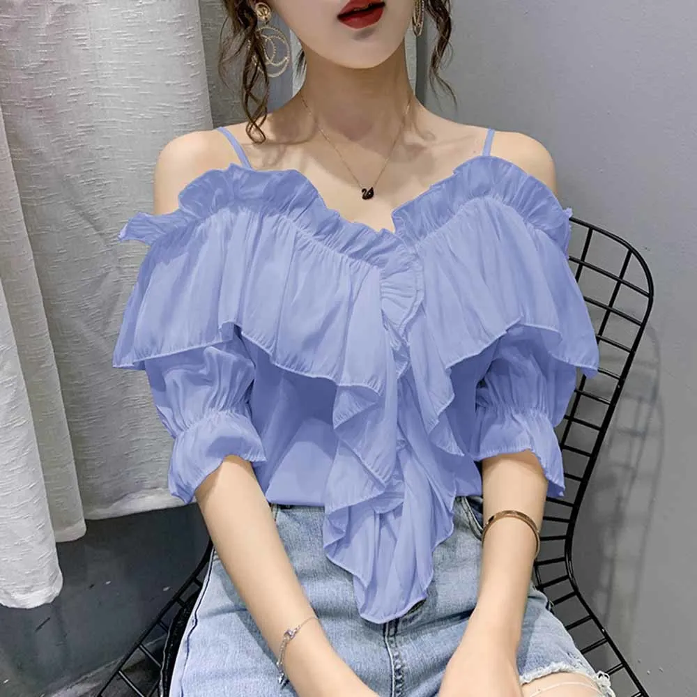 

Summer Chiffon Women Blouses Fashion Puff Sleeve Spaghetti Strap Sexy Off Shoulder Blouse Shirt Casual Blusa New