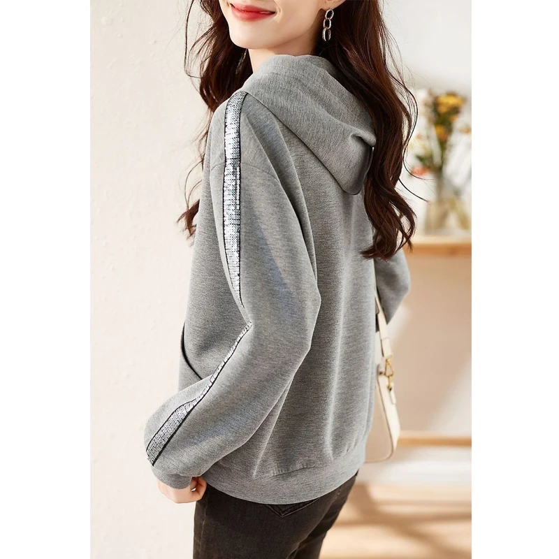 Женский свитшот с капюшоном Серый Повседневный Свободный пуловер длинными