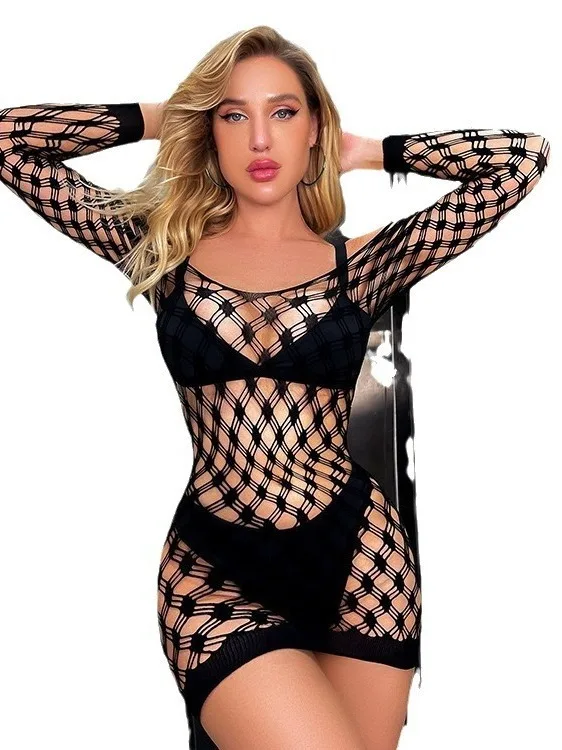 Сексуальный женский рыболовный сеть с длинными рукавами черный шелковый