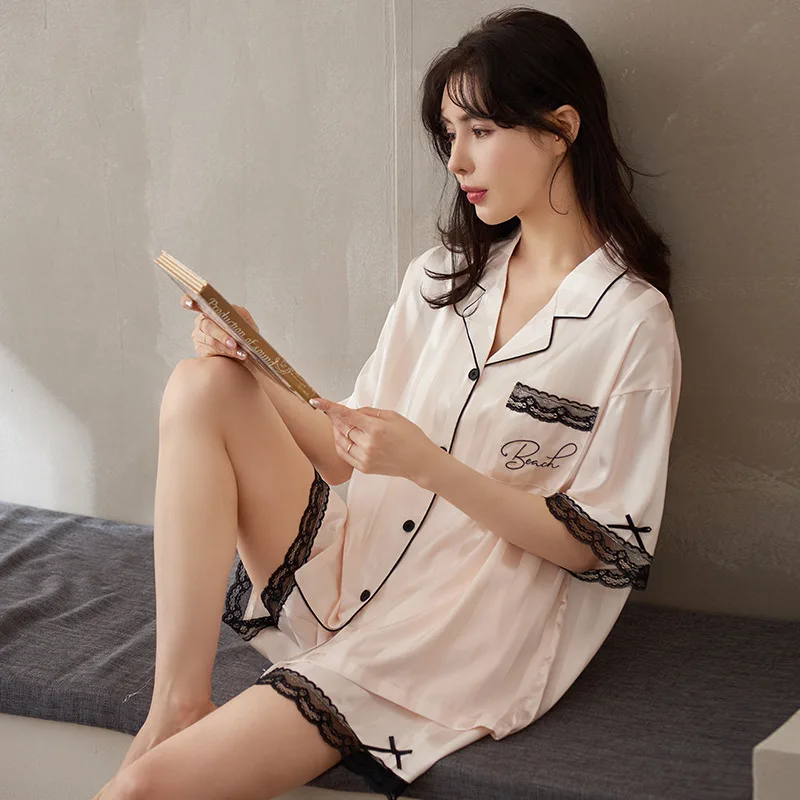 New Women's Pajamas Summer Ice Silk Pajamas Women's High-Grade Simple Striped Letters Popular Models Can Be Outerwear Homewear