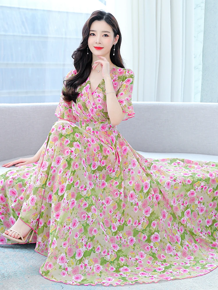 

Женское длинное пляжное платье с цветочным принтом, Новинка лета 2023, шифоновое Повседневное платье макси для отпуска, элегантное вечернее платье с V-образным вырезом в Корейском стиле