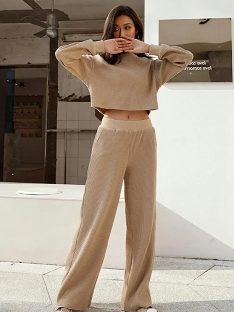 

Two Piece Set Women Outfit 2023 Solid Round Neck Long Sleeved Personalized Street Stitching Pant Sets for Women 2 Pieces