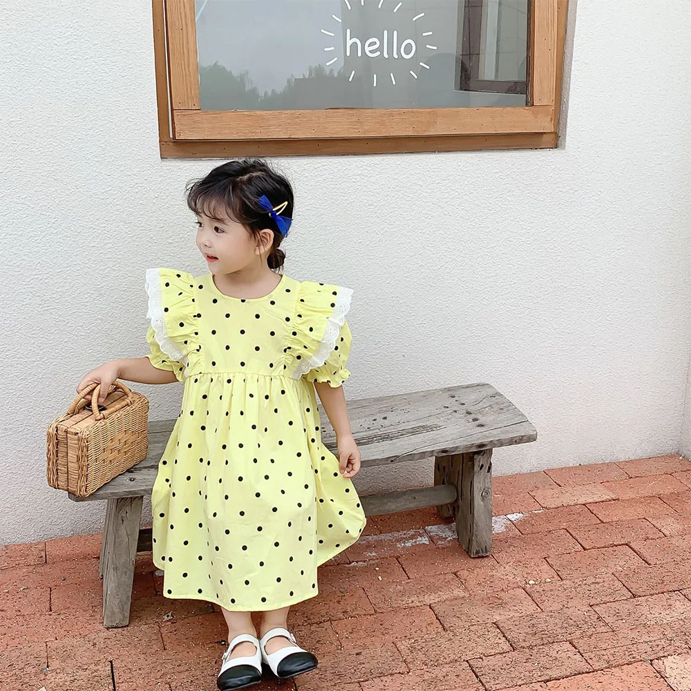 

Menoea/детская одежда 2022 летнее платье для маленьких девочек Корейская юбка в горошек кружевные платья принцессы с пышными рукавами для детей ...