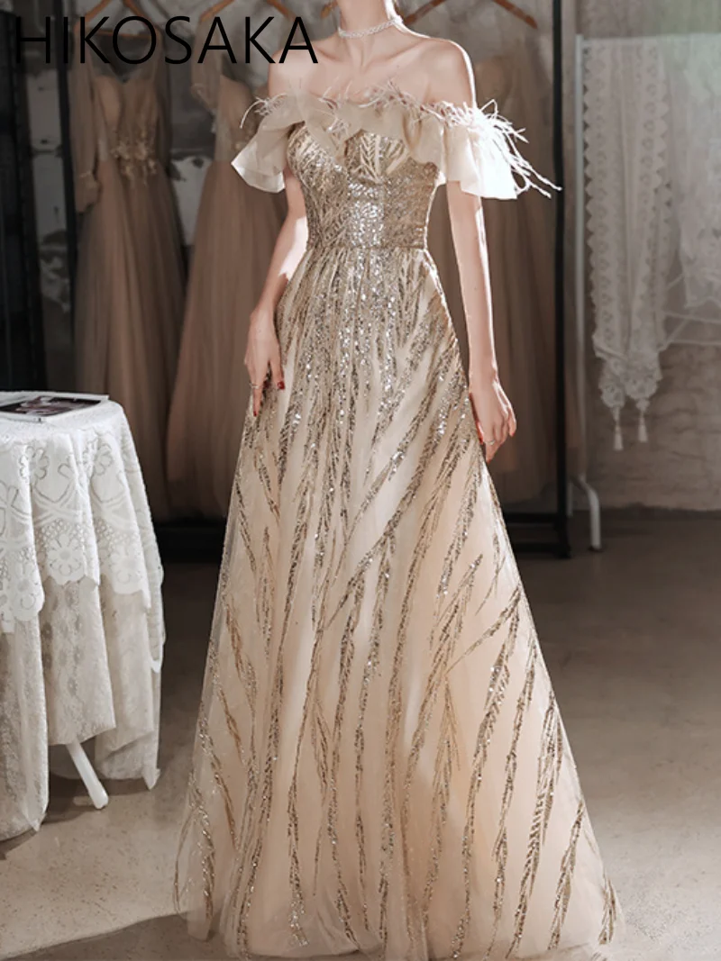 

Luxury Sequined Feathers Evening Dresses Off Shoulder Elegant Shiny Sequins Tulle Feather Party Sweetheart A-Line Prom Gown