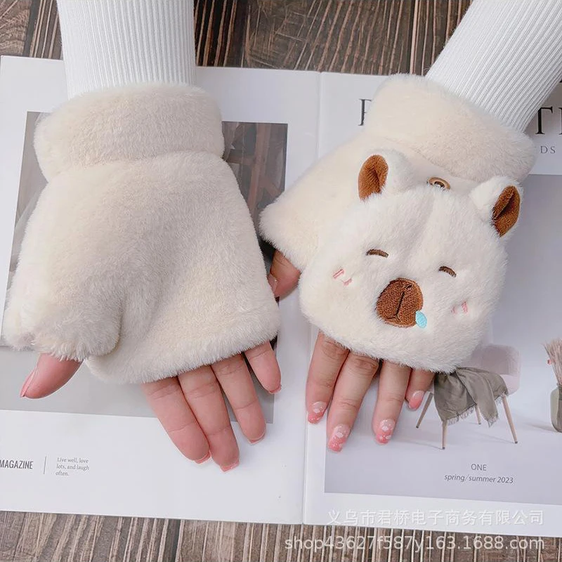 Kawaii теплые перчатки для девочек Kapibala новые милые откидные с открытым пальцем и