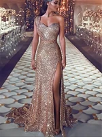 mermaid sexy sparkle shine prom formal evening birthday dress one shoulder sleeveless court train sequined with sequin slit