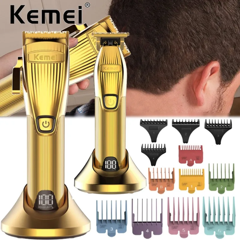 Kemei Professional Rechargeable Hair Trimmer Portable Gold 0mm Cordless T-blade Hair Clipper Shaving for Stylists Barber