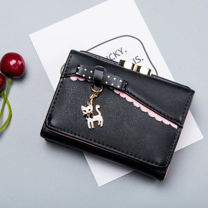 Ladies Wallet Cute Female Short Japanese and Korean New Cat Mini Pendant Student Small Wallet Metal Coin Purse Card Holder