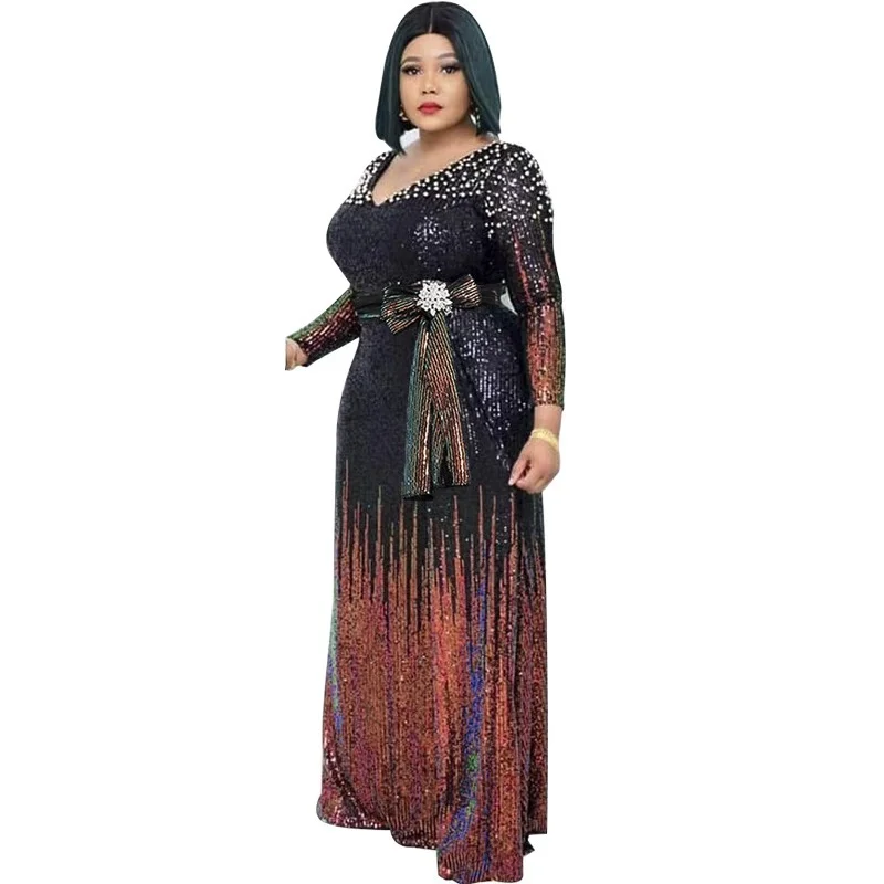 

Black Elasticity New African Dashiki Flowers Sequins Print Dress Long Sleeve Casual African Dresses For Women Africa Clothing