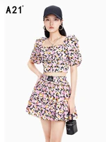 a21 womens retro floral skirt 2022 summer new korean version fashion casual simple loose high waist sweet a line pleated skirt