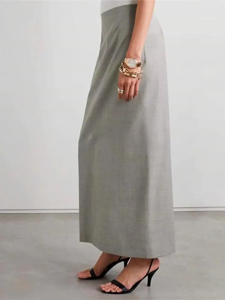 

Женская шерстяная прямая Длинная юбка с высокой талией, Новинка осени 2023, женская элегантная универсальная серая миди-юбка с разрезом сзади
