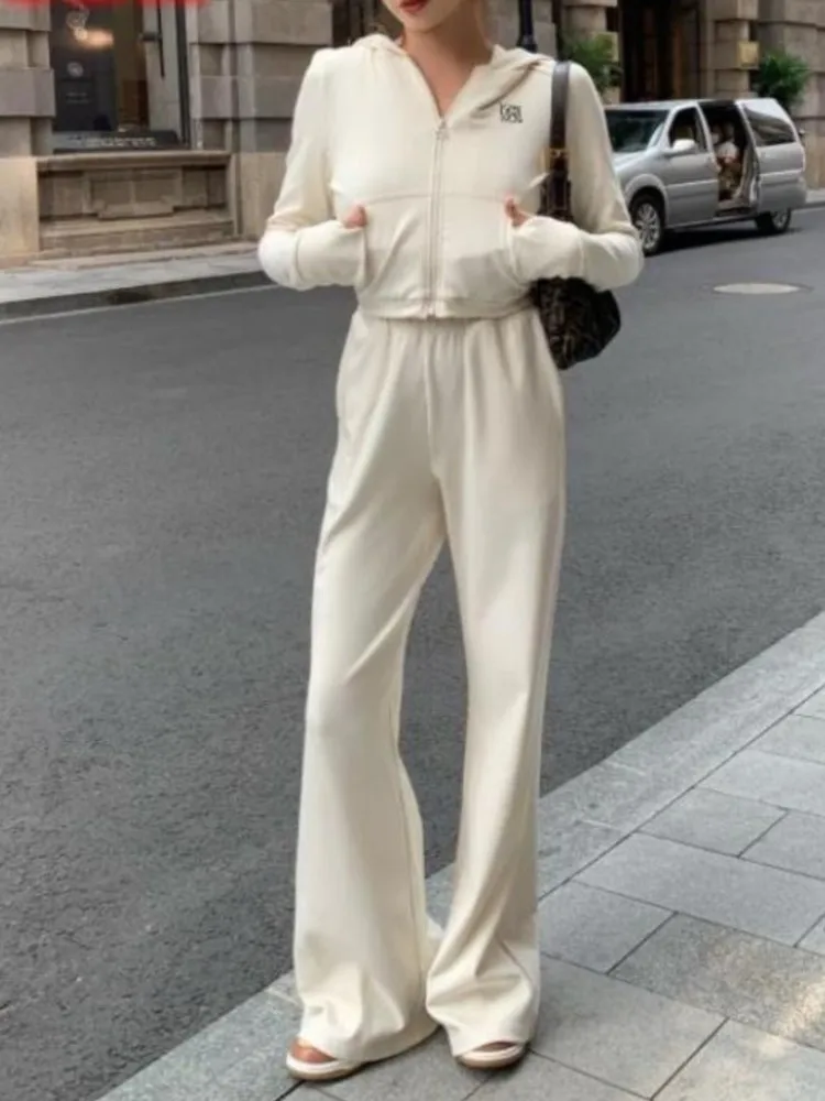 

Новый осенний винтажный женский спортивный костюм с длинным рукавом, короткие толстовки, куртки, брюки с широкими штанинами, костюм, корейская мода, уличная одежда