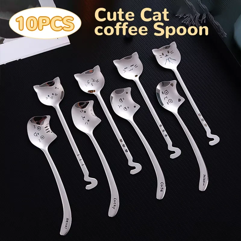 

2023NEW Cute Cat Coffee Spoon 304 Stainless Steel Cat spoon Teaspoon Long Handle Flatware Gift Tableware Coffee accessories