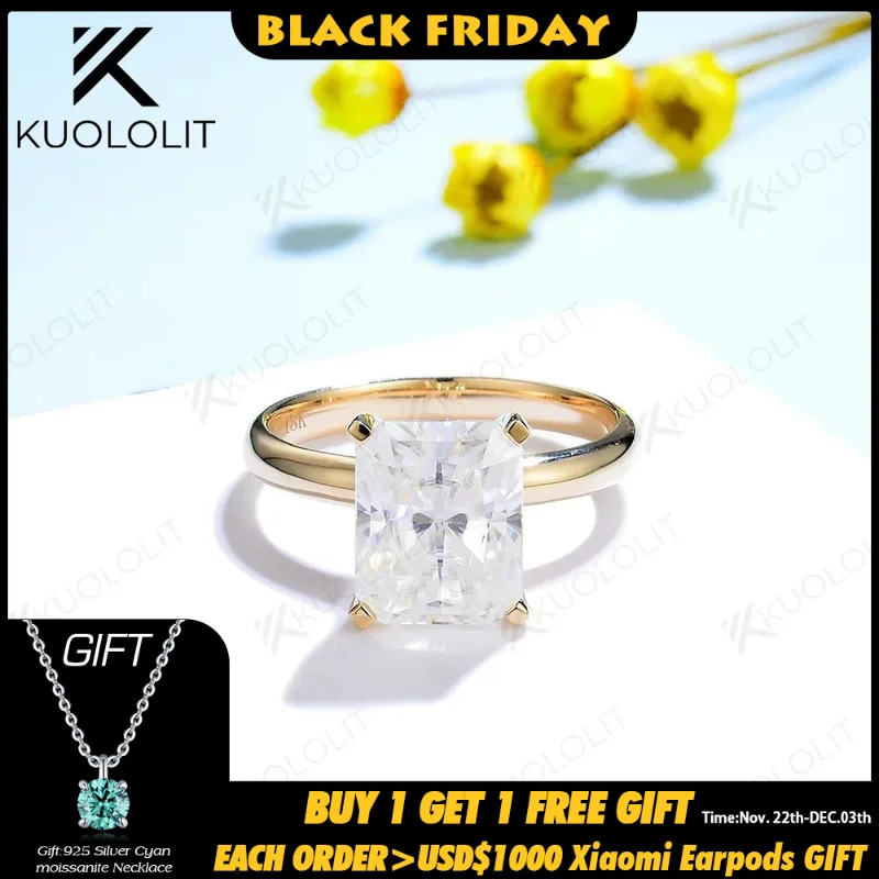 Женские кольца с бриллиантами kuolit 4CT Radiant Cut Moissanite одноцветное кольцо из 18К 14К