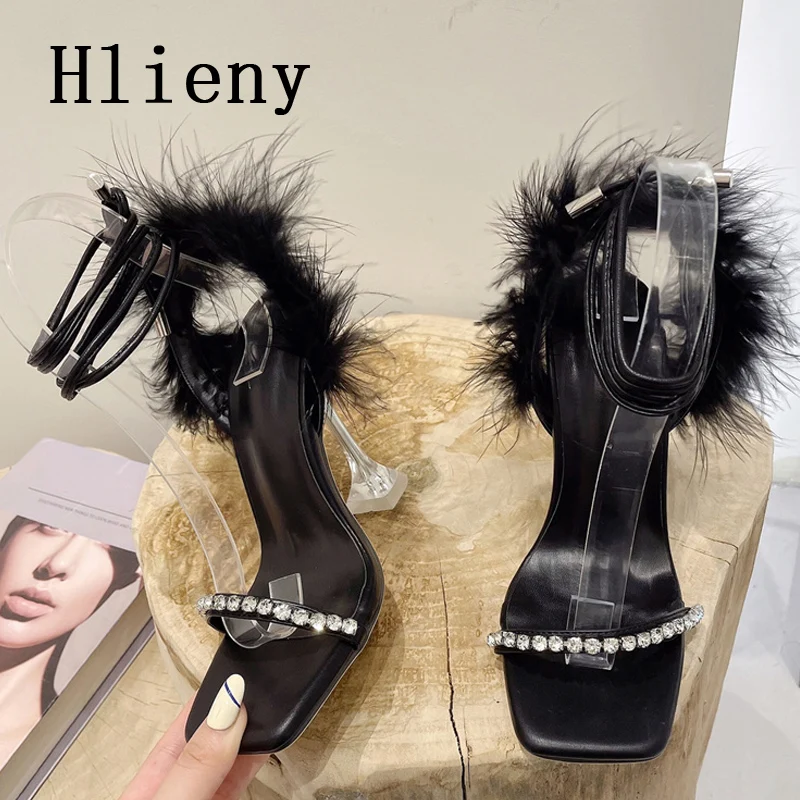

Hlieny New Design Fuzzy Feather Ankle Strap Sandals Womens Fashion Crystal Transparent Spike High Heels Nightclub Stripper Shoes