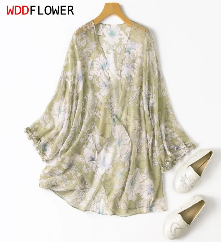 

Women 100% Pure Silk Thin type Green Flowers Printed Half Sleeve Shawl Cardigan Cappa Coat Blouse Top Shirt MM337