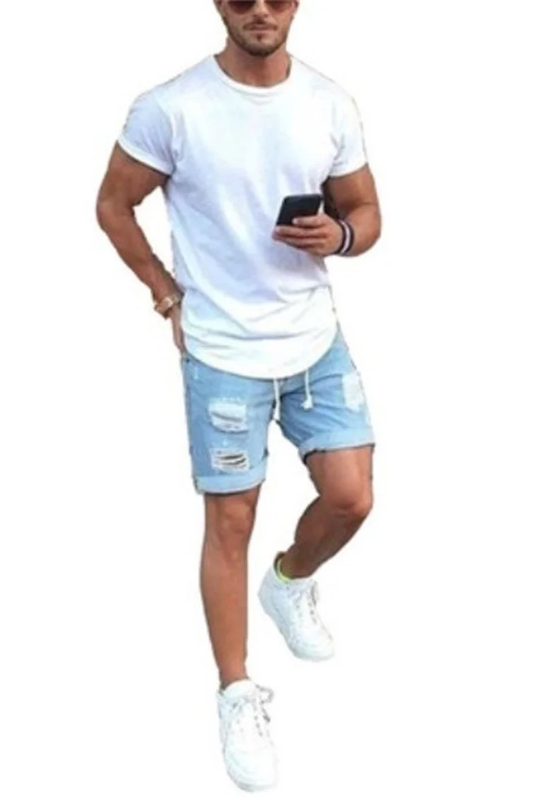 New Fresh Jeans for Women Summer Mens Solid Color Holes Fashion Leisure Denim Shorts for Men