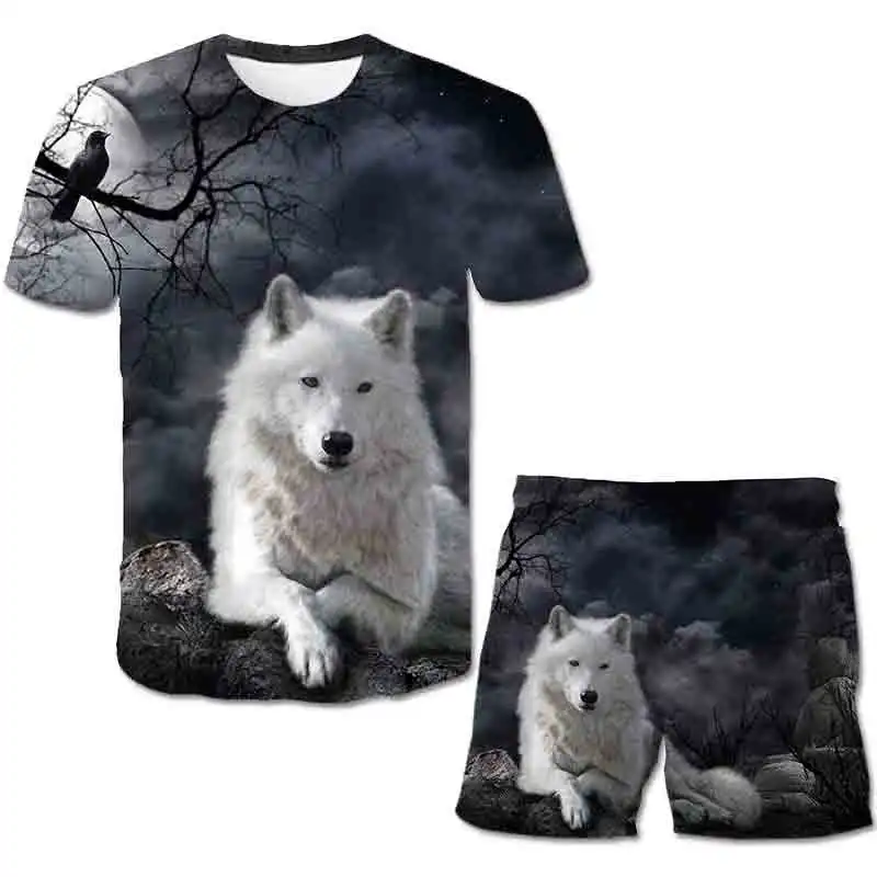 

Children's 3D Wolf Suit, Short Sleeved T-shirt, Men's Sweatpants, Sportswear, 4-14T 3D Animal Suits