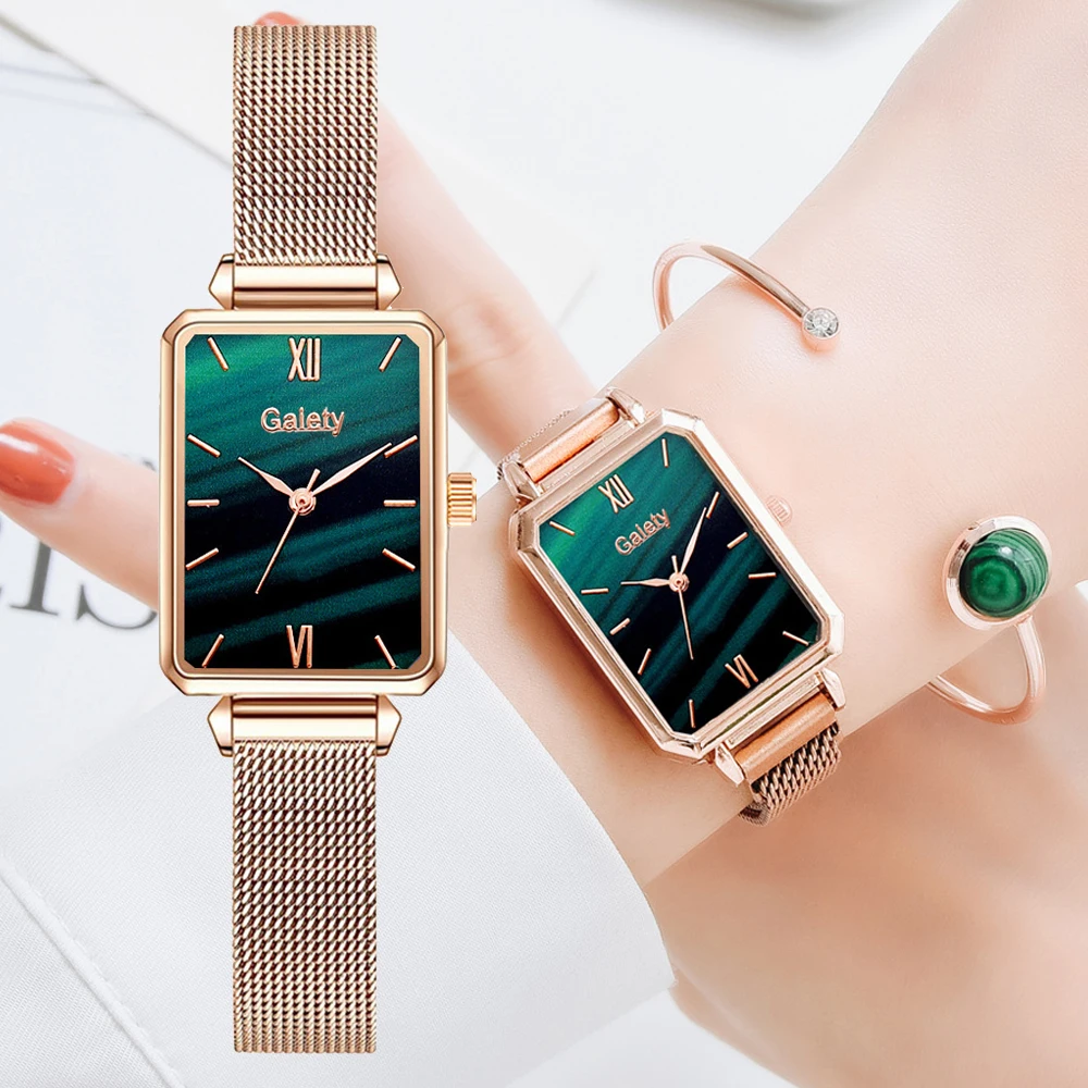 

Green Dial Simple Women Watches Classic Square Ladies Quartz Watch Female Bracelet Set Rose Gold Mesh Fashion Women Watches XFCS