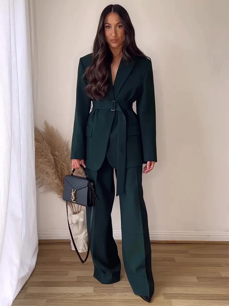 

Work Wear Suits For Women 2023 Buckle Belted Blazer And Wide Leg Trousers 2 Piece Set Womens Outfits Office Elegant Pants Sets