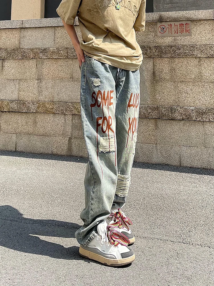 Men's Clothing Korean Fashion Clothing Men Jeans Letter Print Retro Hip Hop High Street Style Y2k Streetwear Luxury Jeans Casual