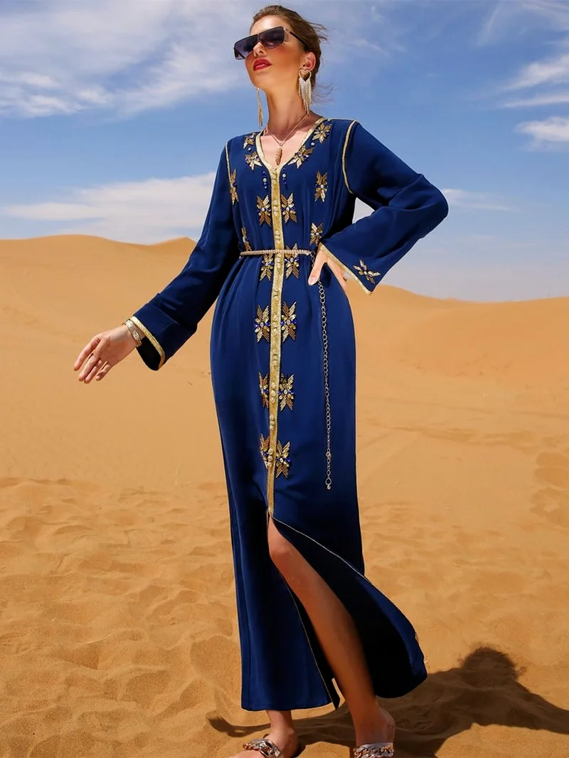 Rhinestones Moroccan Kaftan Maxi Dress Women Fashion Handwork Front Slit Golden Trim Muslim Party Night Gown + Belt  audi Dubai