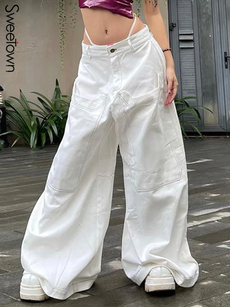 

Белые мешковатые широкие брюки Sweetown, женские шикарные сшитые уличные штаны с карманами, модные беговые джоггеры с низкой талией в Корейском...