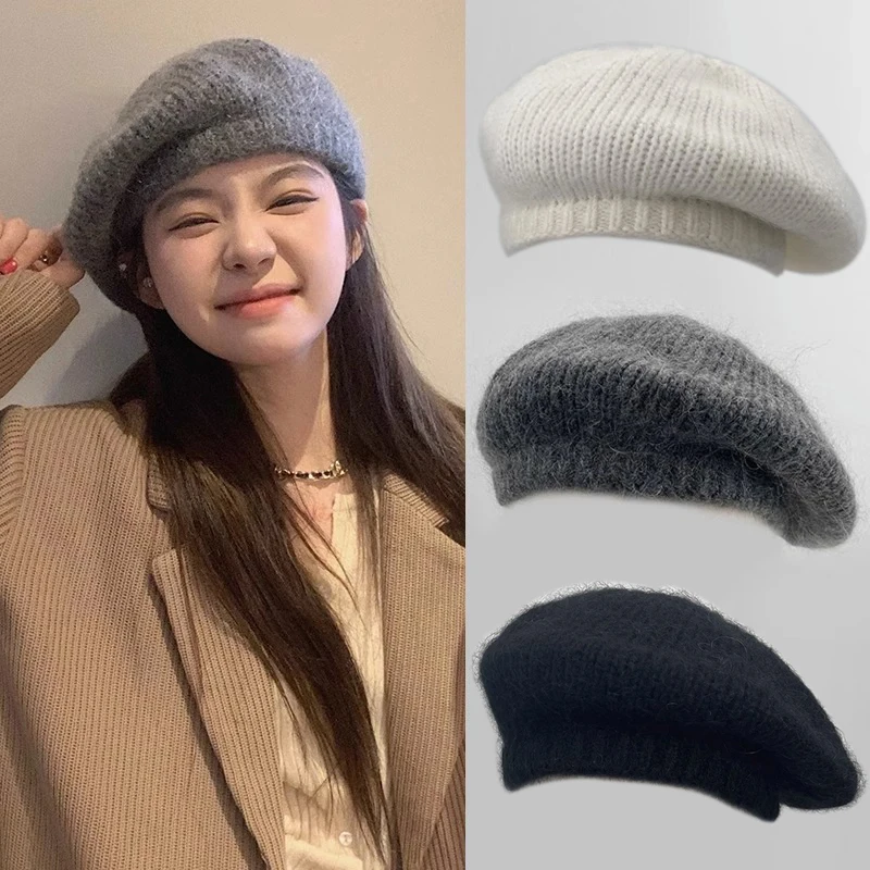 

2023 New Japanese Soft Mohair Knitted Beret Hat Women's Autumn and Winter Fashion Elegant Wool Fluffy French Painter Berets