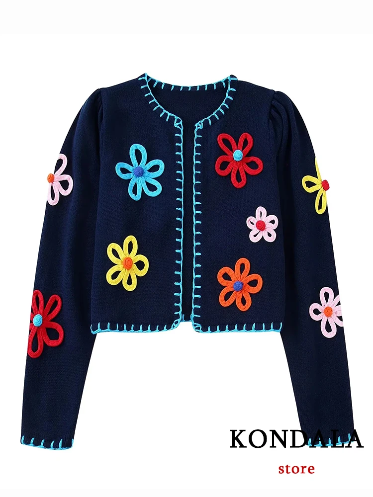 

KONDALA Chic Three-Dimensional Flower Sweater Long Sleeve Blue Embrodiery Mujer Cardigans Fashion 2022 Female All Match Outwear