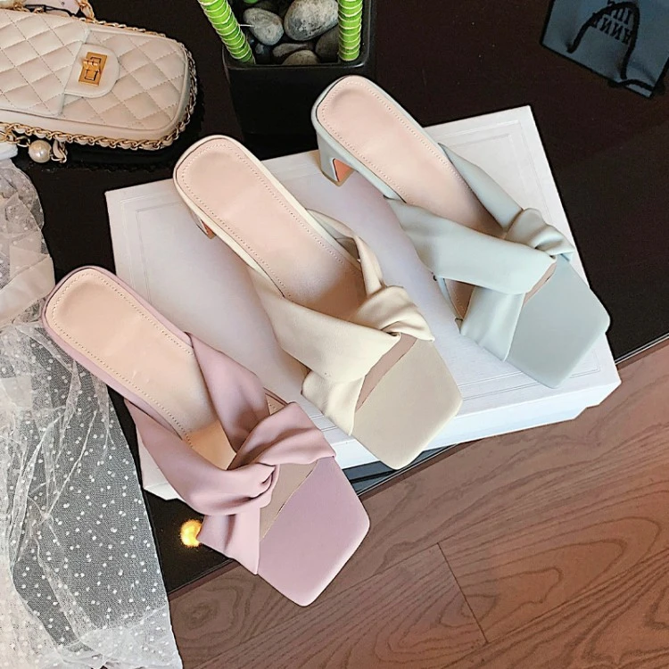 

2022 Summer New Women Shoes Fashion Simplicity Slippers Square Toe Square Heel High (5cm-8cm) Solid Color Chunky Heel Slippers