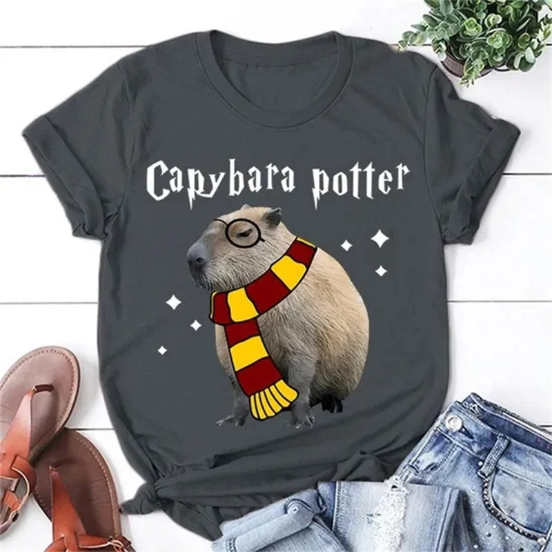 Фото Funny Capybara Potter Graphic T Shirt for Men Womens Clothing 3D Capy Print T-Shirt Cute Kid Short Sleeve Casual Tee Shirts Tops №2