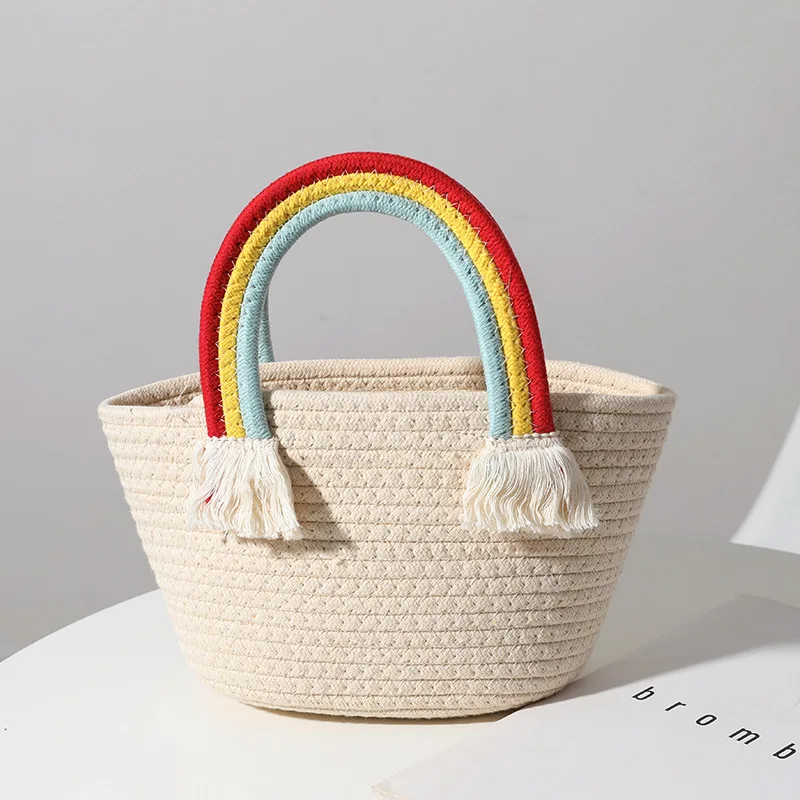 

Vogue Rainbow Handbag Top-Handle Bag 2022 Simple Large Cute Capacity Open Pocket Woven Handbag Holiday Travelling Beach Pack