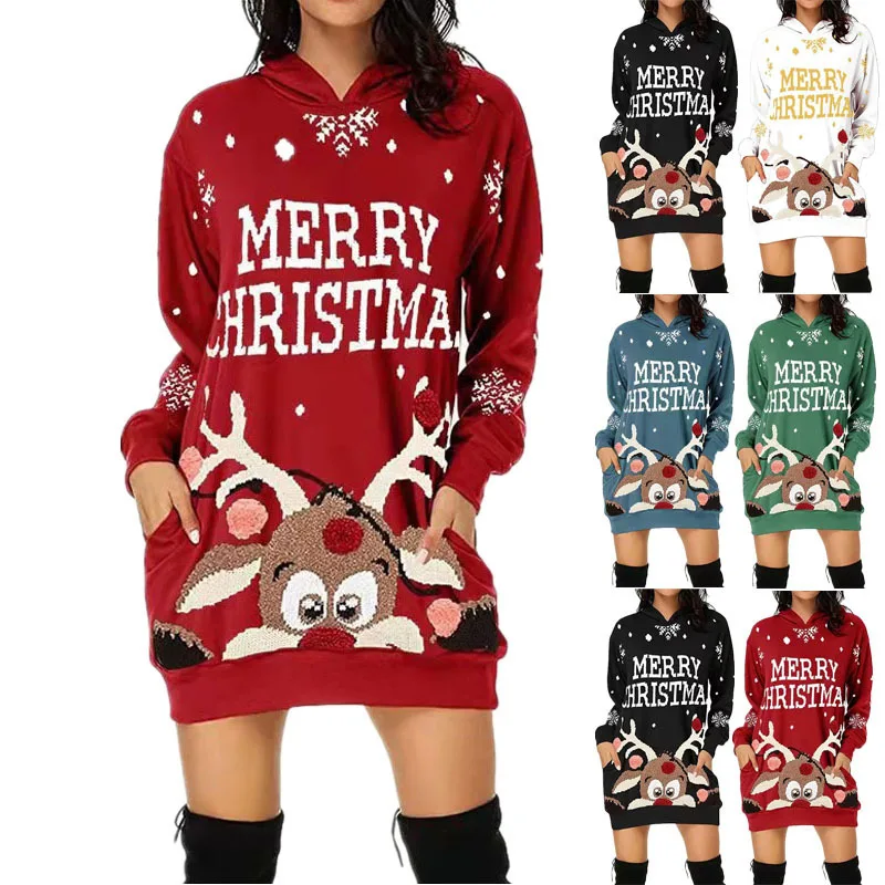 

Women's casual Christmas print long sleeve pocket hoodie loose dress