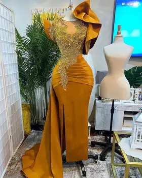 Arabic Aso Ebi Luxurious Prom Dresses Gold Beaded Crystals Evening Formal party Second Reception Birthday Engagement Gowns Dress