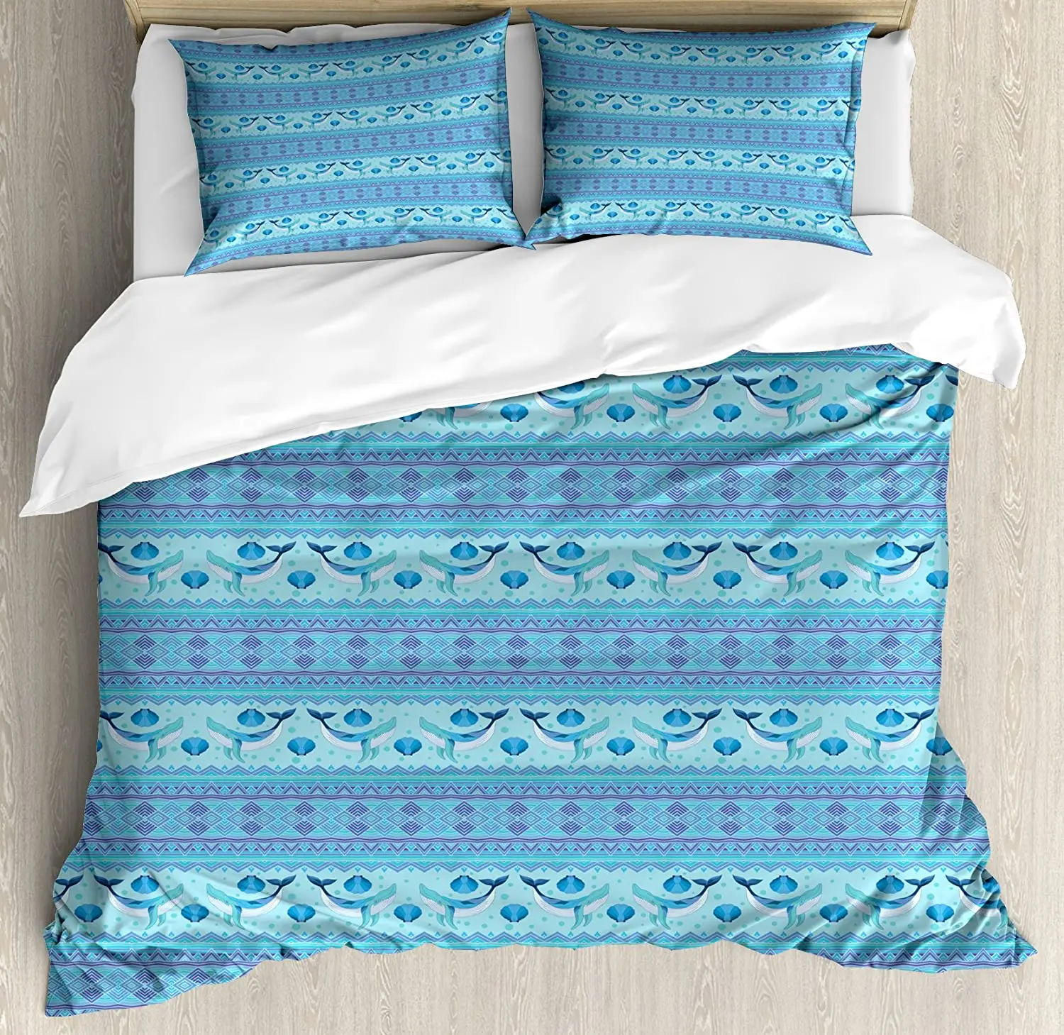 

Whale Bedding Set Comforter Duvet Cover Pillow Shams Ocean Inspired Pattern with Ethnic Geometrical Bedding Cover Double Bed Set