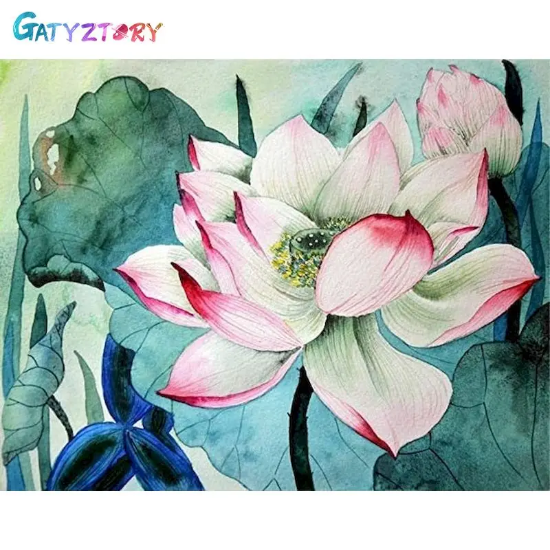 

GATYZTORY DIY Picture By Number Lotus Kits For Adults Handpainted Acrylic Painting By Number Flower On Canvas Home Decoration