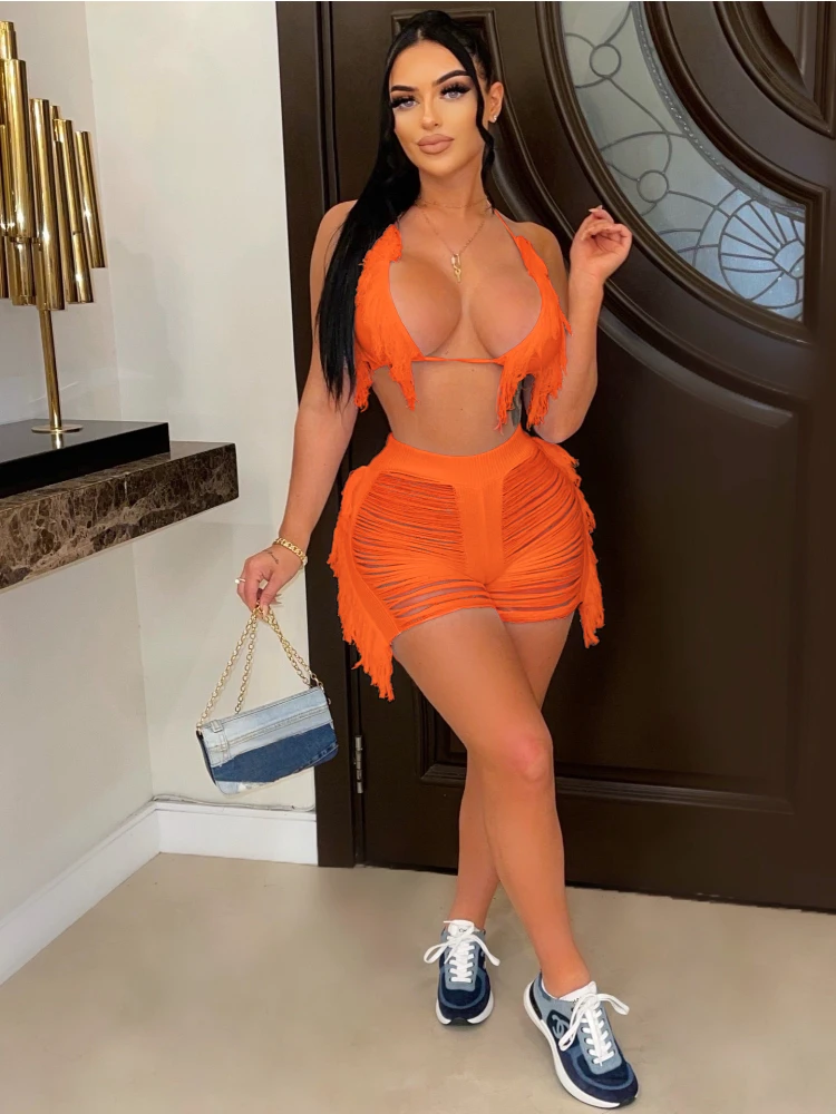 

Tassel Two Piece Shorts Set Sexy Sleeveless Tops and Shorts Summer Fashion Knitted Beach Sexy Outfits Matching Sets Y2k Clothes