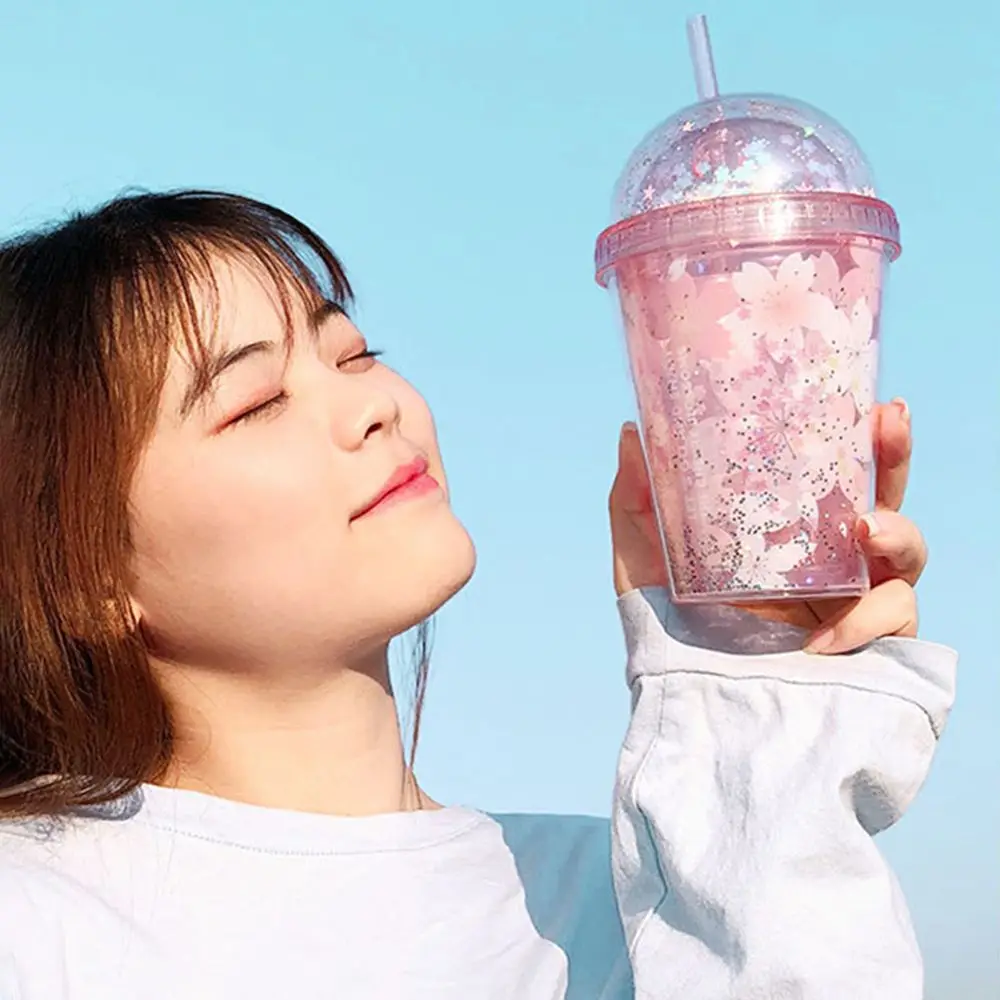 

380ml Gift Portable With Straw Glittery Flower Double Wall Drinking Bottle Juice Tea Milk Mug Water Cup Drinkware
