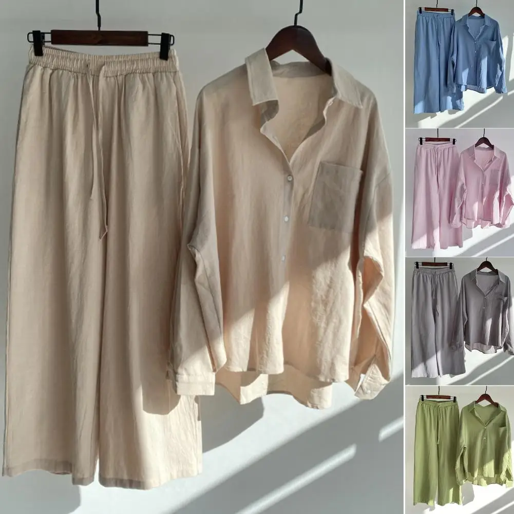 

Two Pieces High Waist Simple Comfortable Wide Leg Women Tops Pants Suit Clothes